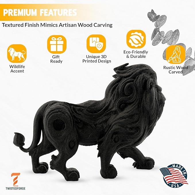 TwistedForge Crafted Rustic Wood Carved Look Lion – Wildlife Figurine, Courage & Strength Symbol, Home Décor Accent – USA Made with Recycled PETG