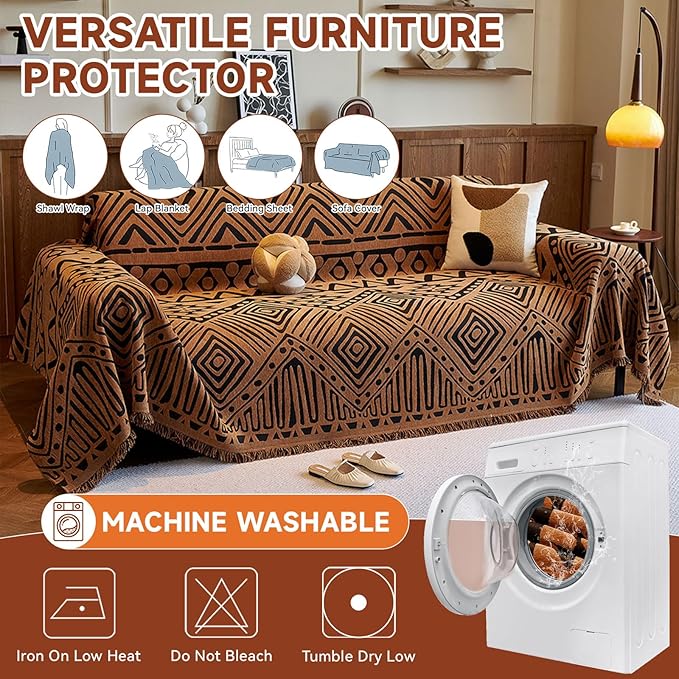 VClife Boho Couch Covers Washable Sofa Cover for Sofa, Luxury Sectional Couch Cover Chenille for 3 Cushion Couch, Anti Slip Pet Sofa Slipcover Dog Couch Cover Throw, Black Pumpkin Geometry, 71"x134"