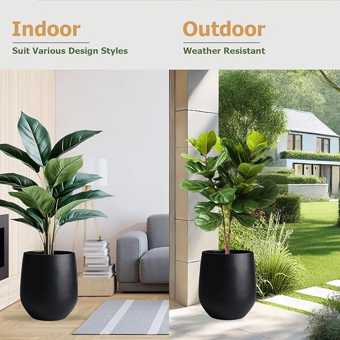 12.5"H x 11.4"D Corso Fiberstone Round Tapered Planter, Christmas Tree Planter, Smooth Finishes, Weather Resistant for Indoor & Outdoor Use, Included 2 Extra Coco Mats (Black,9" Pot Opening)