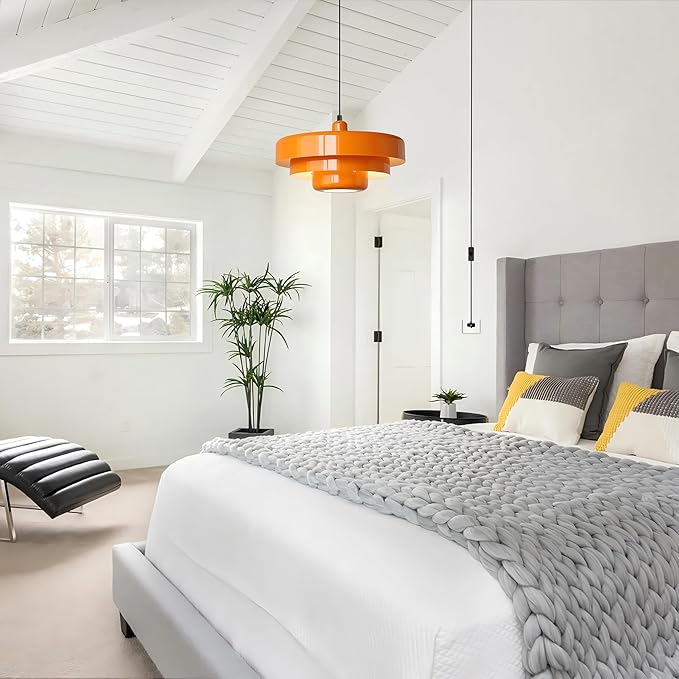 Plug in Pendant Light, Mid Century Orange Hanging Lights with Plug in Cord, 3-Layer Metal Shade, Adjustable Pulley, Dimmable, Vintage Hanging Lamp for Bedroom, Kitchen Island, Dining Room