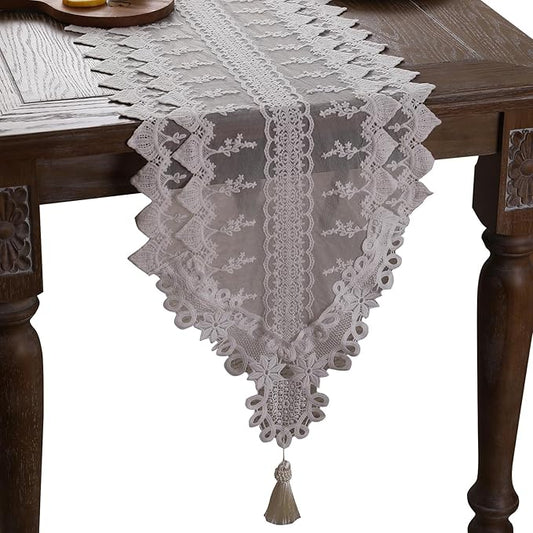 patdrea Designer Vintage White Lace Table Runner,Crochet Decorative Table Covers,Chiffon Embroidered Tasseled Table Runners, Cutwork Dresser Runners,Christmas Wedding Party Bridal 16x102 Inches Long