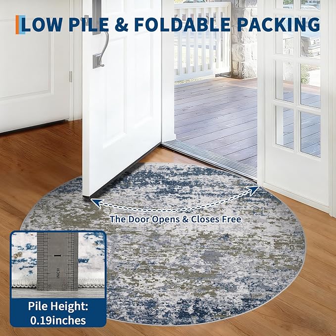 Modern Abstract 8x8 Round Area Rug Non Slip Non Shedding Rug Low Pile Stain Resistant for Bedroom Living Room Office Dining Room,Navy