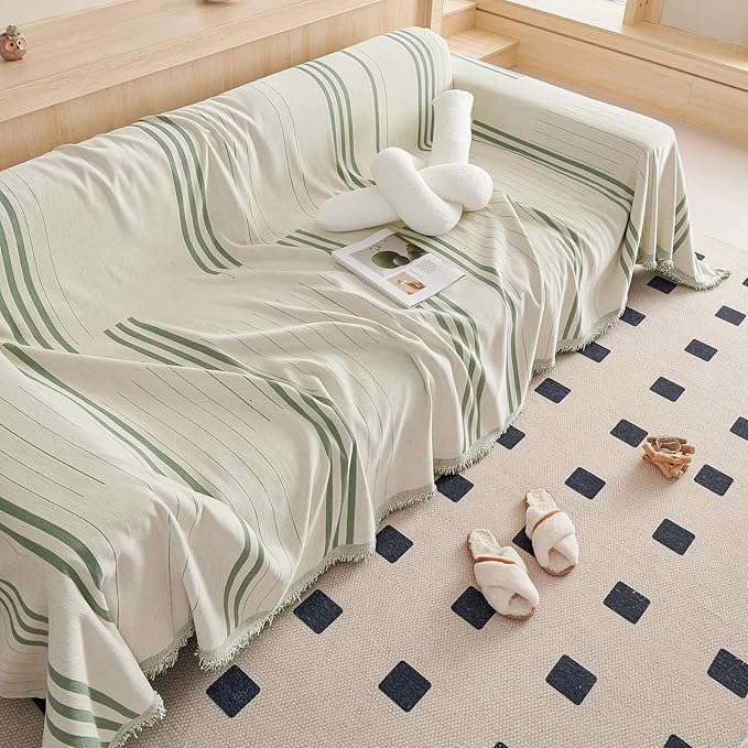 DREAMINGO Couch Cover Washable Chenille Sofa Protector for Pet Kids Beige Green Loveseat Couch Covers for 2 Cushion Couch Stripe Jacquard Versatile Sofa Throw Slipcover for Futon Couch, 71"x102"