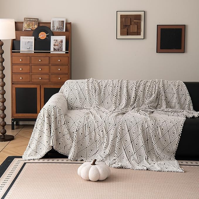 ROOMLIFE Striped Boho Gray Couch Cover for 2-3 Cushion Sofa, Fuzzy Plush Warm Sofa Slipcovers Sectional Sofas Covers, Non Slip Washable Furniture Protector Soft with Tassel,Winter 71''X134”