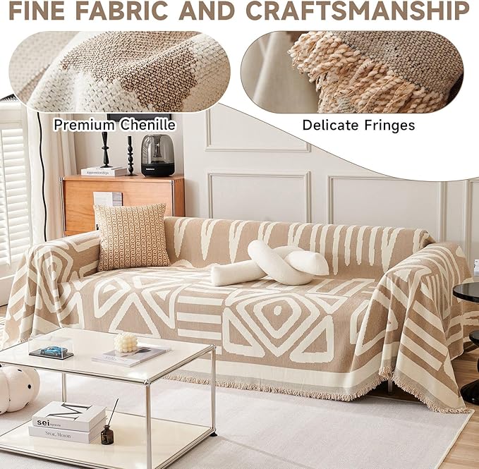 VClife Boho Couch Cover for 2 Cushion Couch Sofa,Chenille Sofa Cover for Sectional Sofa, Modern Khaki Plaid Triangle Jacquard Sofa Covers Washable Sofa Slipcover Living Room Loveseat Cover 91x118