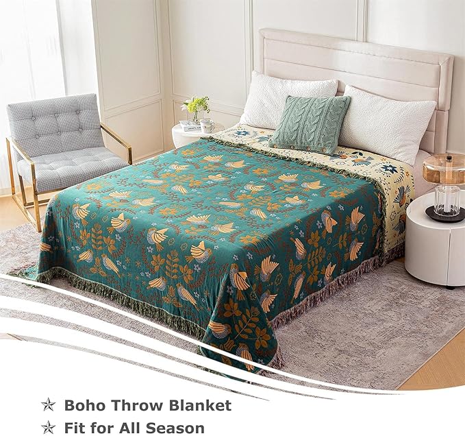 Boho Throw Blanket for Bed 100% Cotton Ultra Soft Rustic Quilt Fall Blanket Bird Floral Printed Farmhouse Decor Large Bed Blankets,60"×80" All Season Rustic Throw for Sofa Couch Chair