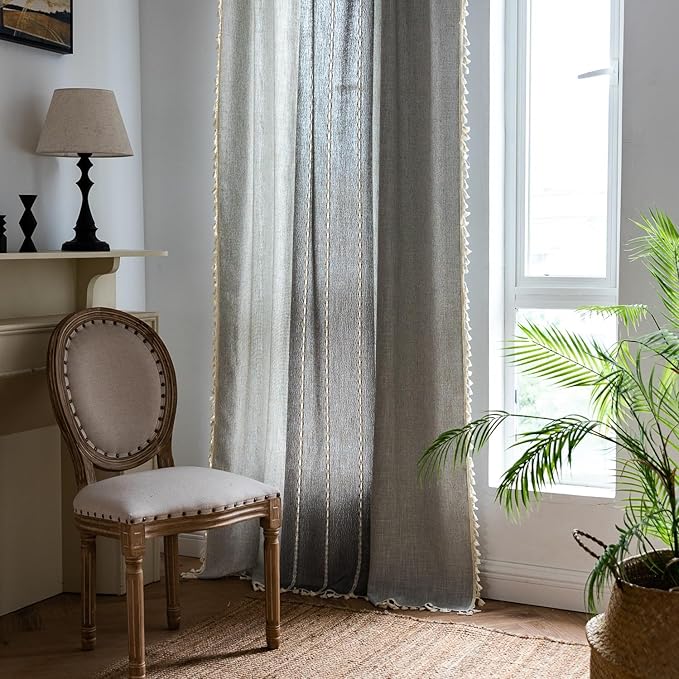 Sutuo Home Boho Curtains 96 inch for Bedroom Living Room, Semi Blackout Linen Farmhouse Shabby Chic Tassels Window Treatment Bohemian Embroidery Drape, Rod Pocket 1 Panel 52" W x 96" L, Gray Linen