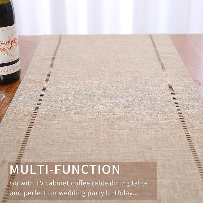Tosewever Decorative Linen Table Runner Farmhouse Style Tabletop Collection 14 x 108 Inches Table Runners for Everyday Dining Wedding Party Holiday Home Decor (14" x 108", Light Coffee/Straight)