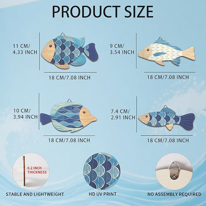Vumyhuby Wooden Fish Wall Art with Coastal Ocean Theme Decor - Handcrafted Natural Wood Fishs Wall Sculpture Set of 4, Rustic Hanging for Linving Room, Beach, Nautical, or Coastal Home Decoration, Unique Gifts,C