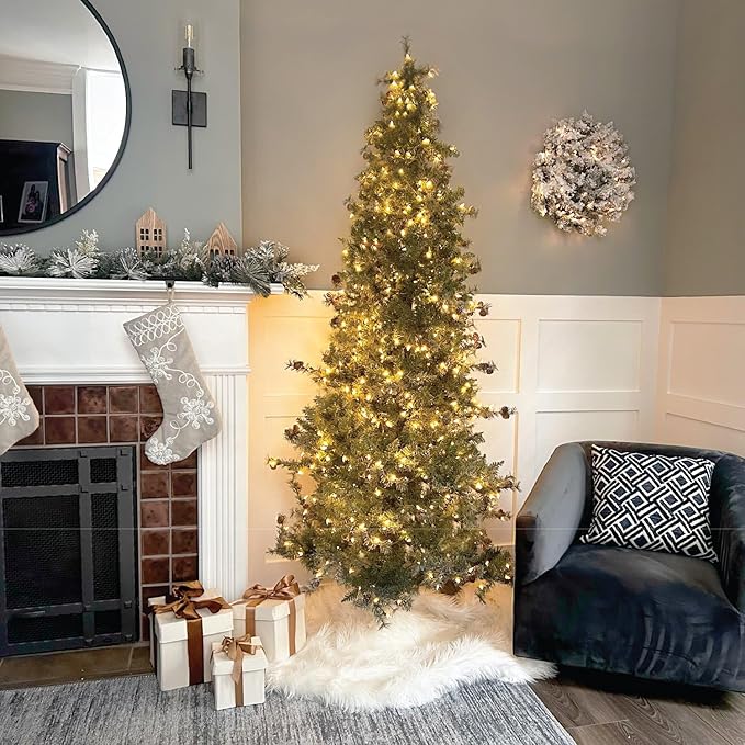 Fraser Hill Farm 7.5-Ft Buffalo Fir Slim Artificial Christmas Tree with Warm White LED Lights, Prelit Foldable Fake Tree with Realistic Snowy Foliage and Pinecones for Home Decoration