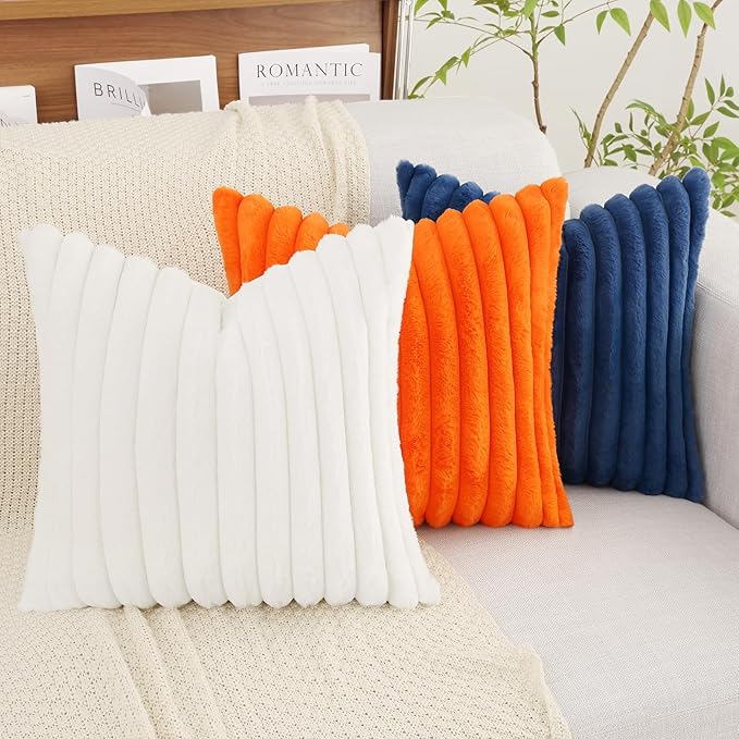 decorUhome Faux Fur Christmas Throw Pillow Covers 26x26 Set of 2, Decorative Soft Plush Striped Neutral Couch Euro Pillow Covers with Velvet Back for Sofa, Bed, Living Room Home Decor, White