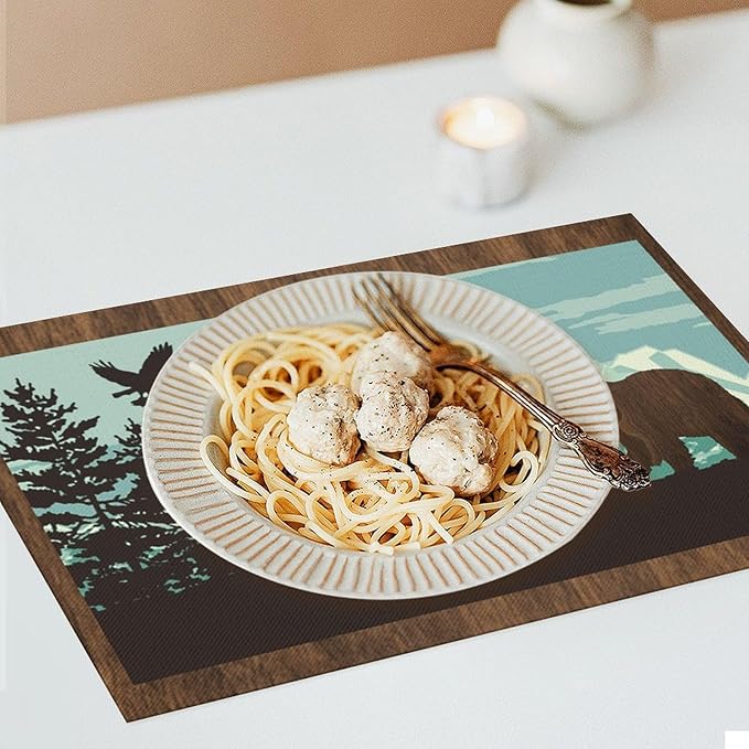 Rustic Bear Placemat Set of 6, 12x18 Inch Retro Blue Wooden Wildlife Animal Forest Pine Tree Cabin Country Lodge Coffee Table Mats for Farmhosue Outdoor Kitchen Dining Table Decoration