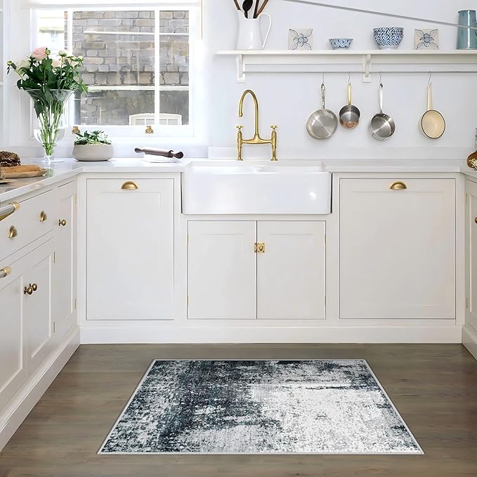 2x3 Area Rugs Washable Rug, Soft Modern Abstract Rugs for Entryway Small Low Pile Thin Rug Non Slip Indoor Neutral Carpet for Kitchen Bedroom Laundry Bathroom Hallway Black Grey Blue