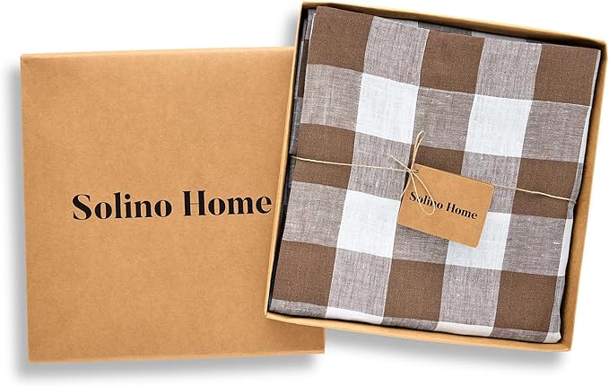 Solino Home Checkered Tablecloth 60 x 90 Inch - 100% Pure Linen Coco Brown and White Buffalo Plaid Table Cloth for Rectangle Tables - Machine Washable Tablecloth for Fall, Autumn, Thanksgiving