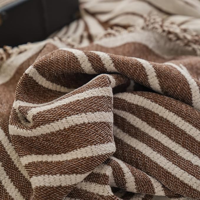 VClife XL Sofa Cover Chenille Couch Cover for 3 Cushion Couch Sofa, Modern Beige Chocolate Striped Couch Covers for Kids Washable Sectional Sofa Protector with Tassel 71"X134"