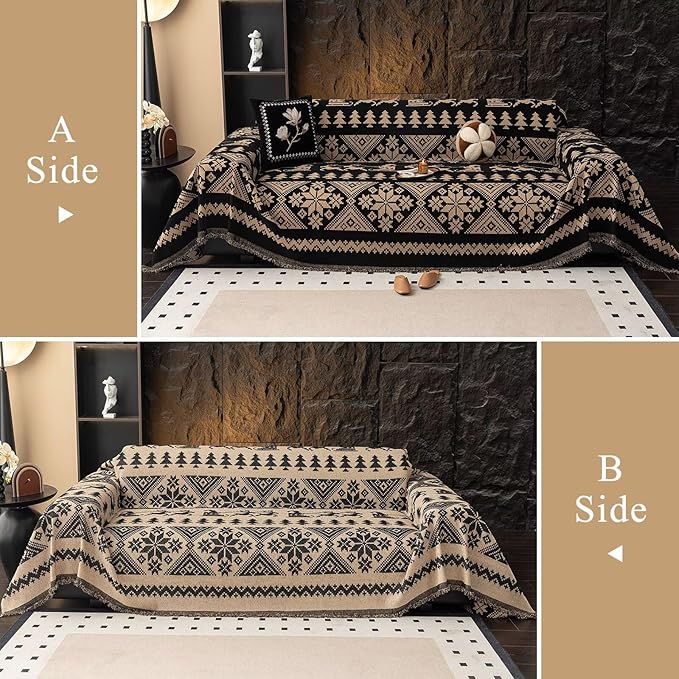 VClife Boho Couch Cover for Sofa, Anti Slip Chenille Sofa Cover for Sectional Sofa - 1 Piece Black Khaki Geometry Jacquard Sofa Slipcover, Pet-Friendly Couch Cushion Cover with Tassel 71"x 118"