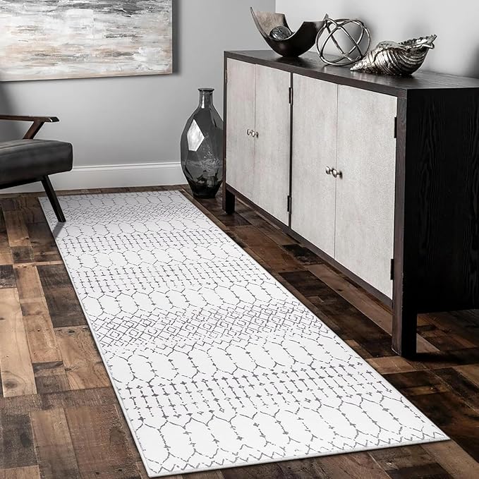 Lahome Moroccan Small Runner Rug - 2x5 Rug Runner Non-Slip Washable Rug Runner Throw Lightweight Hallway Rugs Indoor Laundry Room, Geometric Print Carpet Runners for Bedroom Kitchen (White, 2'x5')