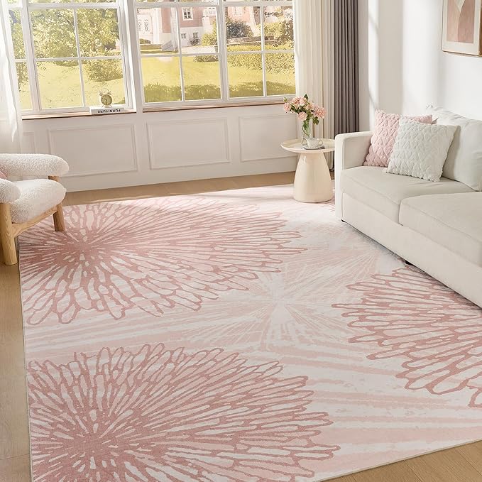 WITSHOCK Pink Rugs 10x14 for Bedroom Girls,Floral Modern Distress Print Pattern Carpet for Living Room Dining Room,Stain Resistant Anti Slip Backing Rugs for Kids Room Nursery Playroom,Light Pink