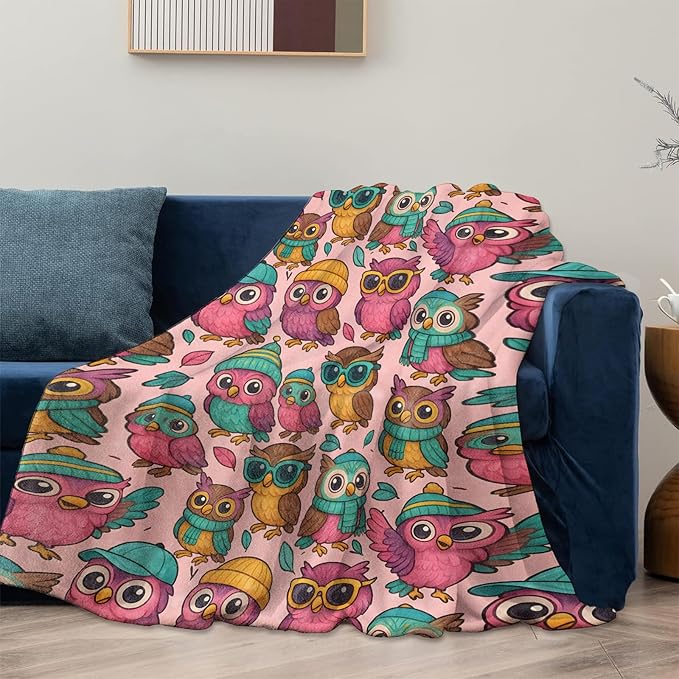 Owl Blanket Gifts for Women Girls Kids, Soft Warm Lightweight Flannel Cartoon Owl Throw Blankets for Bedroom Living Room Home Sofa Home Decor 50" x 60"
