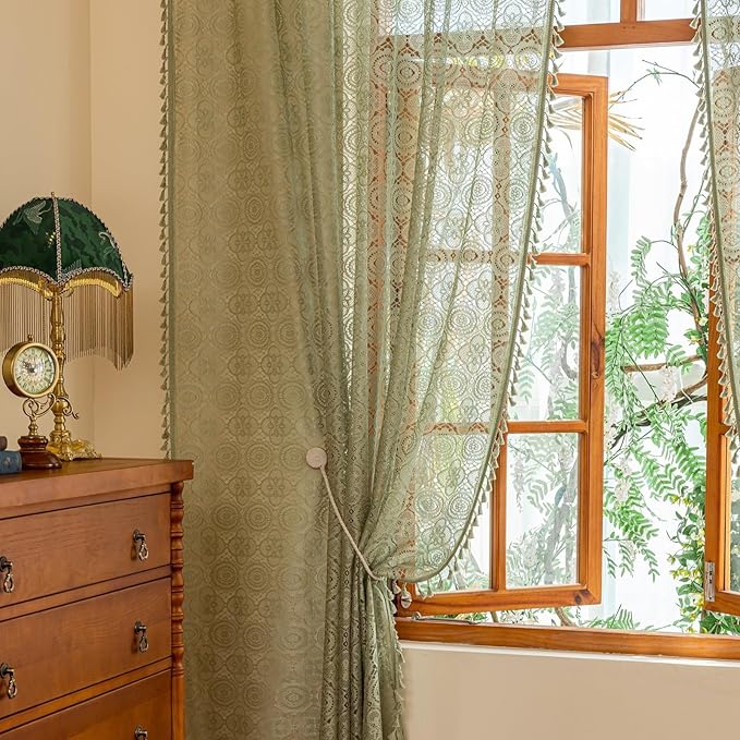 YJ YANJUN Green Boho Kitchen Curtains- W59 X L54 inch Length 2 Panels, Cute Short Semi Sheer Lace Curtains for Bedroom Laundry Room, Vintage Hollow Crochet Floral Pattern, Rod Pocket Sage Green