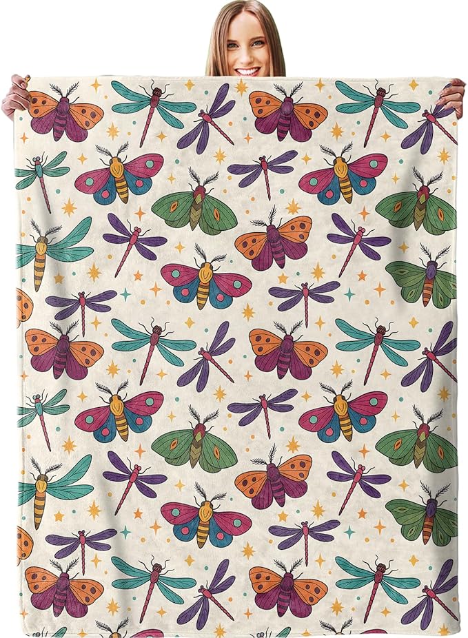 Colorful Butterfly Dragonfly Blanket, Plush Soft Lightweight Warm Cozy Flannel 50×40 inch Throw Blanket with Insect Pattern for Couch, Travel, Bed, Outdoor, Gifts for Kids Teens Adults Women