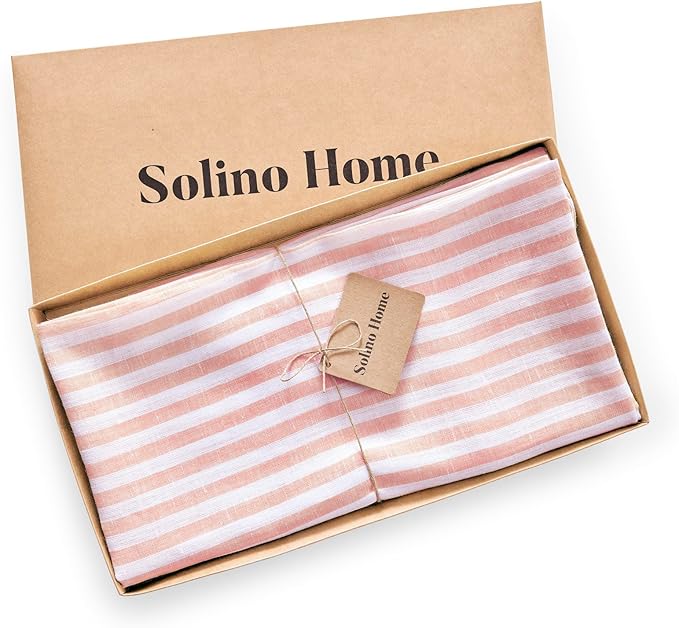 Solino Home Linen 60 Inch Round Tablecloth - Amalfi Stripe, 100% Pure Linen Coral and White Round Tablecloth - Machine Washable Table Cloth