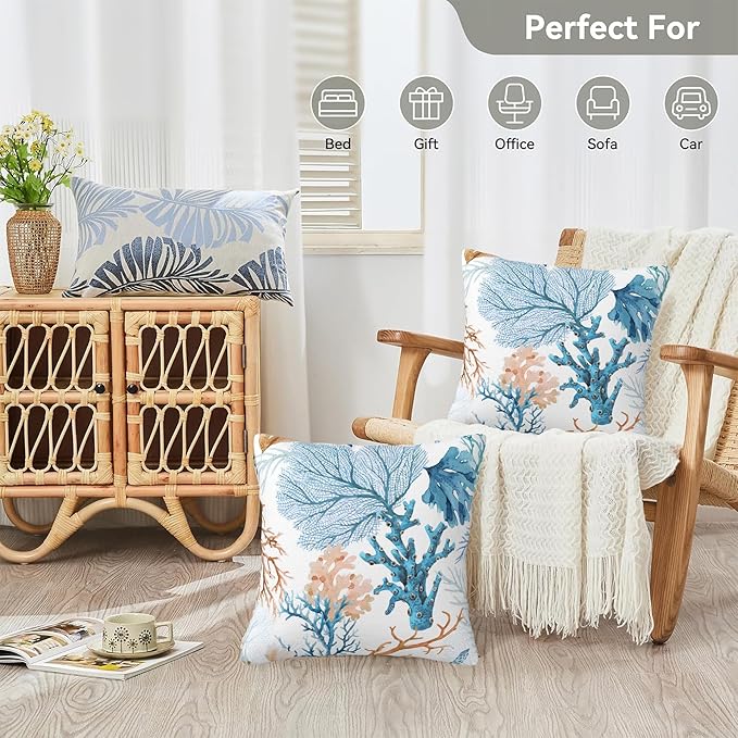 Pillow Covers 18X18 Set of 2, Blue and Brown Corals Decorative Throw Pillow Covers, Colorful Underwater Sea Life Pillow Cover Pillowcase Cushion Case for Home Sofa Couch Indoor Outdoor