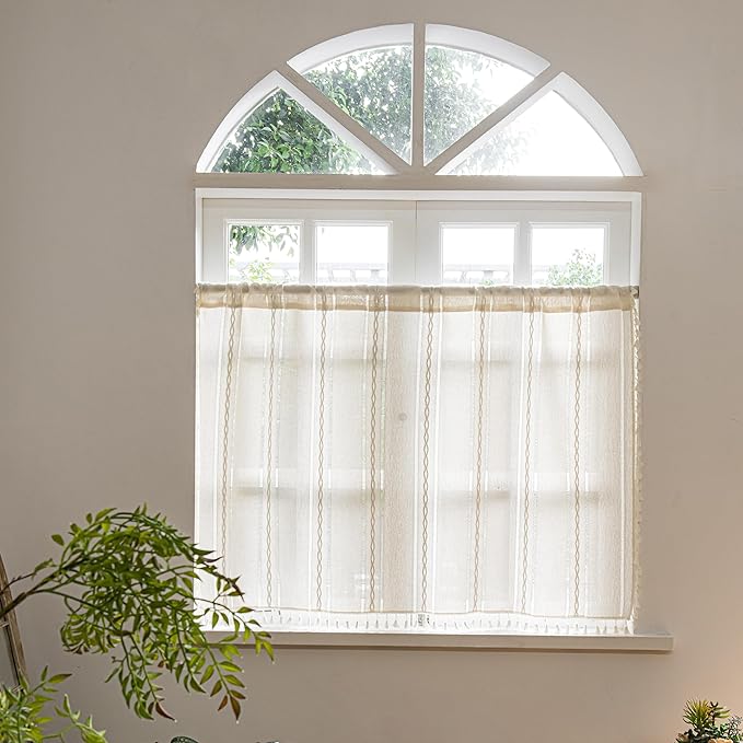 Sutuo Home Ivory Boho Curtain 52W x 18L inch White Striped Light Filtering Short Valance, 1 Panel Embroidery Bohemian Farmhouse Country Kitchen Window Treatment Decor for Small Closet