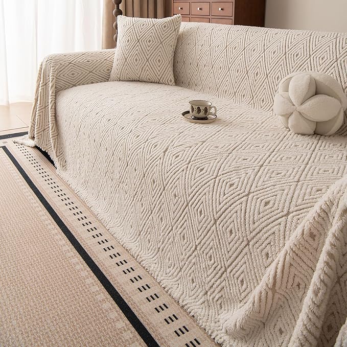 ROOMLIFE Striped Boho Khaki Couch Cover for 2-3 Cushion Sofa, Fuzzy Plush Warm Sofa Slipcovers Sectional Sofas Covers, Non Slip Washable Furniture Protector Soft with Tassel,Winter 71''X118”