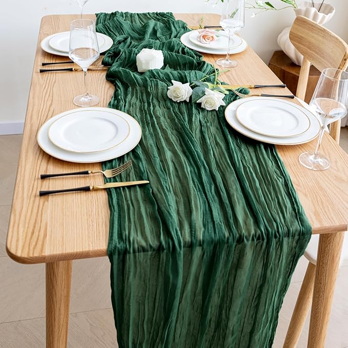 Wokceer Cheesecloth Table Runner Emerald Green 10FT Boho Gauze Christmas Cheese Cloth Table Runner for Party Long Rustic Sheer Table Runners for Baby Bridal Shower Wedding Easter Table Decor