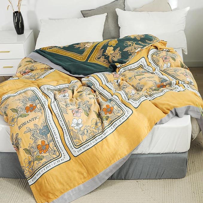 Boho Throw Blanket for Bed 100% Cotton Ultra Soft Rustic Quilt Fall Blanket Floral Printed Farmhouse Decor Bed Blankets,60"×80" All Season Rustic Throw for Sofa Couch Chair