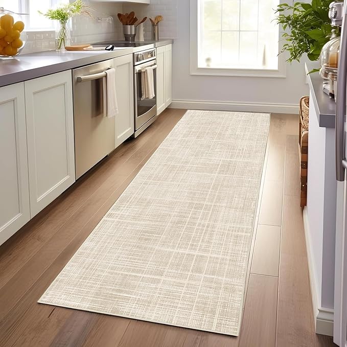 Enkor Runner Rugs for Hallway, 2'7"x8 Washable Soft Non Slip Abstract Rugs for Kitchen, Modern Mat for Entryway Living Room Bedroom Beige Grid