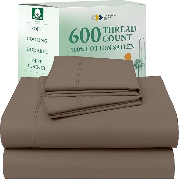 California Design Den 600 Thread Count Sheets King, 100% Cotton Sheet, Sateen, King Size Bed Sheets, Soft, Cooling, Hotel-Quality Bedding with Deep Pockets (Mushroom - Taupe Brown)