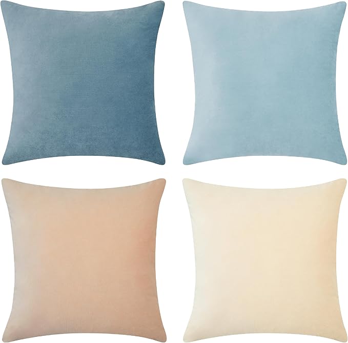 MONDAY MOOSE Decorative Throw Pillow Covers Cushion Cases, Set of 4 Soft Velvet Modern Designs, Mix and Match for Home Decor, Pillow Inserts Not Included (20x20 inch, Beige/Light Blue)