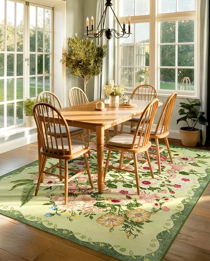 Floral Rugs for Living Room - 9x12 Soft Washable Area Rug Stain Resistant Ultra-Thin Non-Slip Low Pile Farmhouse Vintage Large Carpet for Bedroom Dining Room Nursery Home Office Decor, Green