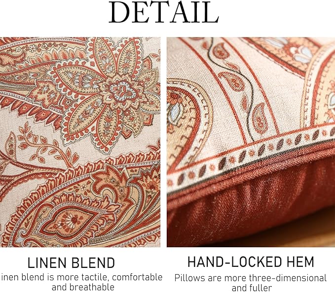 ISAENNE Design Linen Classic Vintage Throw Pillow Covers 12"x20" Pack of 2, Lumbar Cushion Covers with Orange Yellow Paisley Style Pattern Decoration Pillowcases for Bed,Living Room,Outdoor,Car