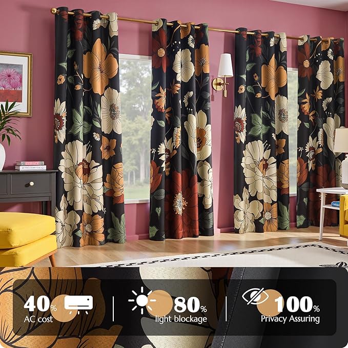 jinchan Lora Floral Curtains for Bedroom Blackout Drapes for Living Room Darkening Fabric Fall Decor Winter Vintage Flower Pattern Printed Window Curtains 84 Inches Length 4 Panels with Grommet Black