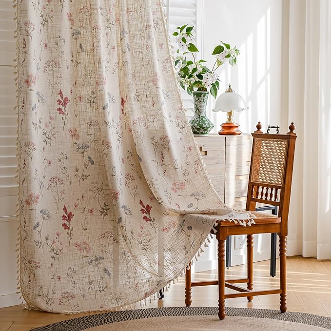 OYX Floral Curtains 2 Panels 52x63 Inches, Boho Tassel Semi-Sheer Light Filtering, Rod Pocket Farmhouse Window Drapes for Bedroom Living Room Dining Room, Bohemian Aesthetic Decor