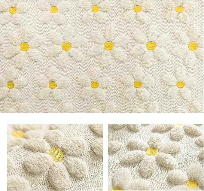 Artoid Mode Beige Soft Plush Faux Fur Jacquard Embroidery Daisy Spring Table Runner, Kitchen Dining Table Decoration for Home Party Decor 13x72 Inch