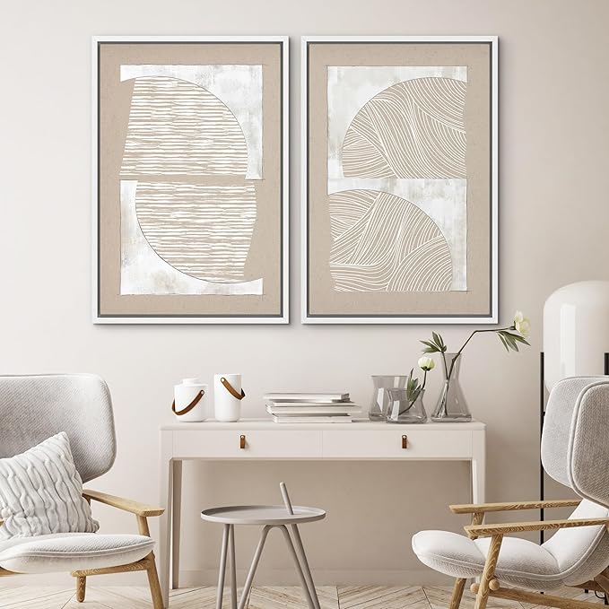 SIGNWIN Framed Canvas Print Wall Art Set Grunge Tan White Art Deco Polygons Abstract Shapes Illustrations Minimal Decorative Nordic Zen Bohemian for Living Room, Bedroom, Office - 24"x36"x2 White