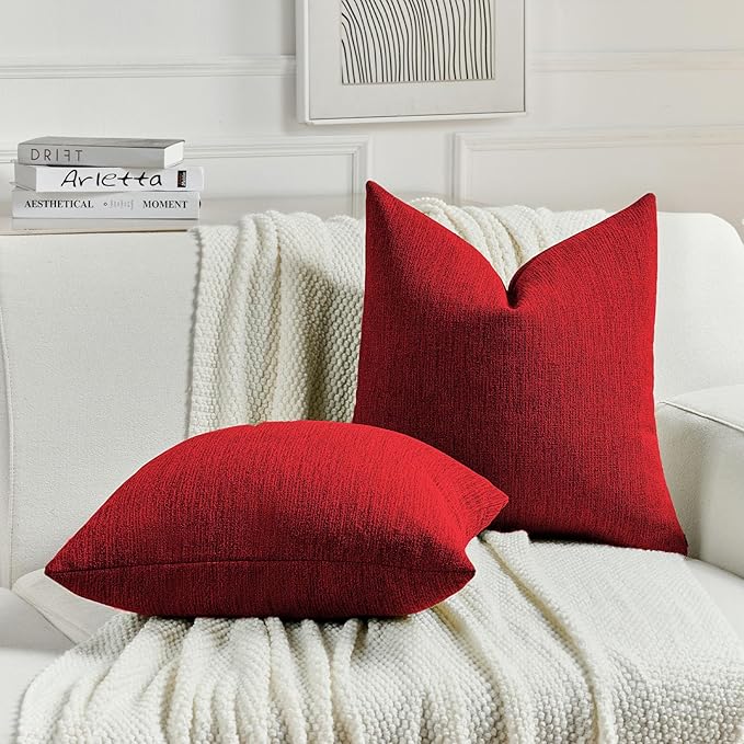 FUTEI Christmas Red Chenille Decorative Throw Pillow Covers 18x18 Inch Set of 2,Soft Cozy Faux Linen Textured Cushion Case,Farmhouse Home Decor for Couch Living Room