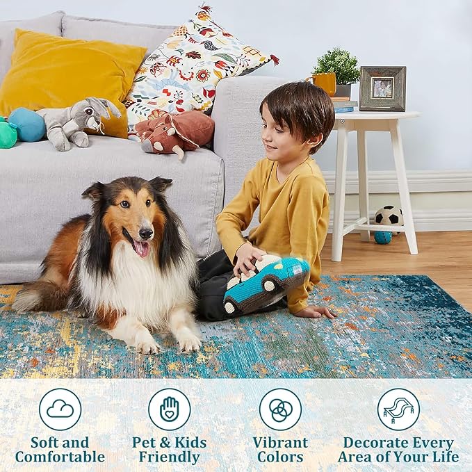 10x13 Modern Abstract Faux Wool Accent Rug for Living Room Low Pile Ultra Soft Stain Resistant Non Slip Non Shedding Throw Rug for Bedroom Home Decor, Multi Color