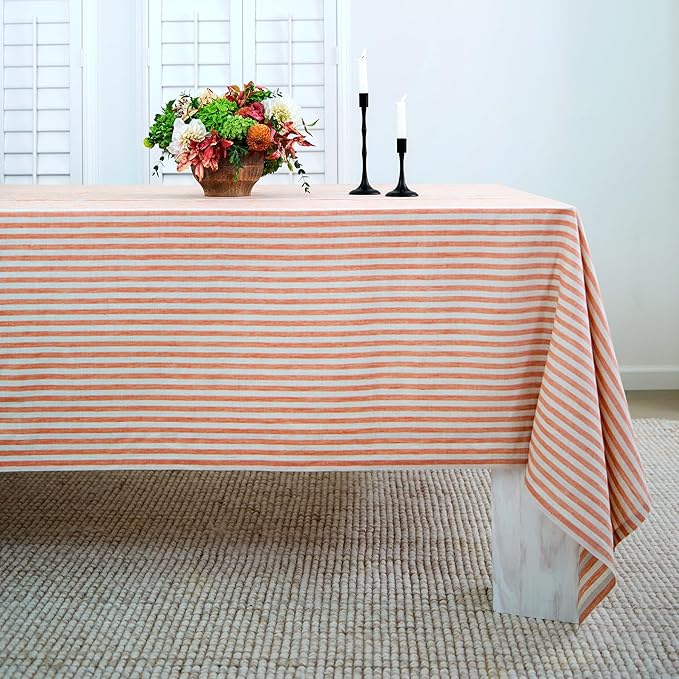 Solino Home Linen Tablecloth 60 x 108 Inch - Amalfi Stripe 100% Pure Linen Pumpkin and Natural Table Cloth for Rectangle Tables - Machine Washable Fabric Tablecloth for Fall, Thanksgiving