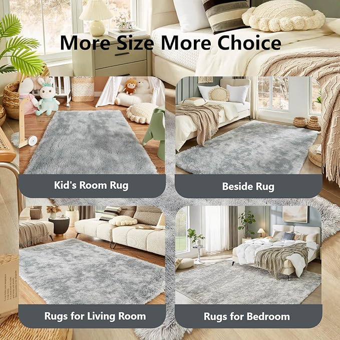 Floralux Rugs for Bedroom 3x5, Tie-Dyed Light Grey Area Rug for Living Room, Fluffy Shag Carpets, Non-Slip Indoor Floor Carpet for Kids Girls and Boys, Preppy Dorms, Nursery, Home Decor Aesthetic