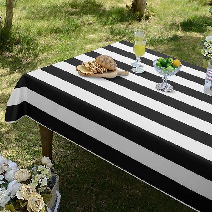ASPMIZ Black and White Striped Tablecloth for Rectangle Tables, Geometric Stripe Waterproof Table Cloth for Kitchen Dining Room, Polyester Tablecloth Rectangle 60” x 120”