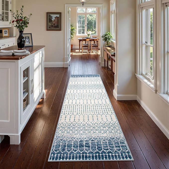 Lahome Runner Rug 2x8 Hallway Rug Runner- Washable Non-Slip Kitchen Carpet Untra- Thin Throw Blue Mat, Moroccan Geometric Print Indoor Floor Mat for Entryway Laundry Bedroom