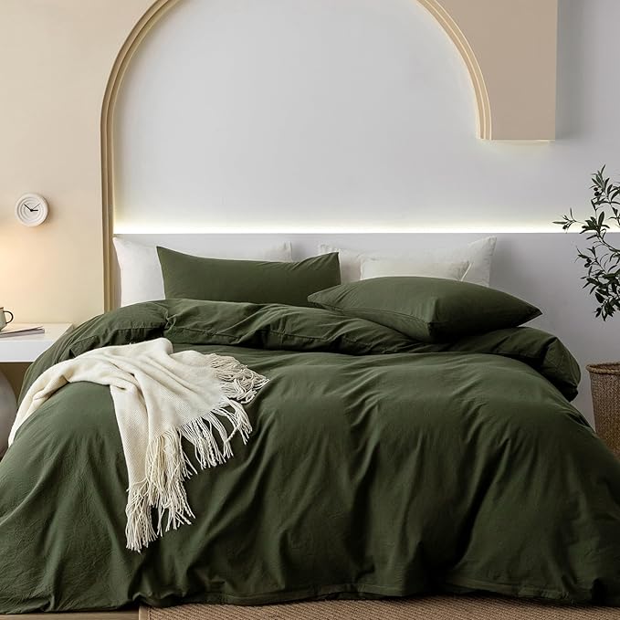 JIYUAN 100% Washed Cotton Duvet Cover Set 3 Pieces Cal King, 1 Duvet Cover 104x98 Inches(Comforter Not Included) and 2 Pillowcases,Linen Feel Bedding Set Comfy and Breathable,Olive Green