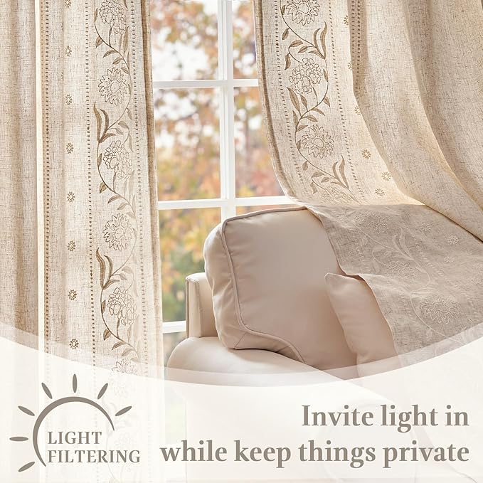 jinchan Winslow Lined Linen Curtains for Bedroom 63 Inches Linen Blended Embroidered Bordered Floral Curtains for Living Room Farmhouse Decor Window Treatments Ivory on Beige Drapes 2 Panels