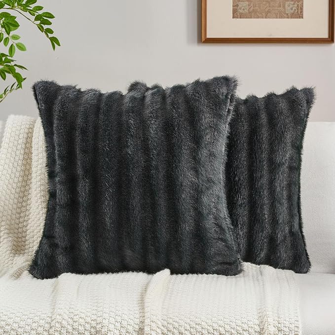 FUTEI Dark Grey Pink Decorative Throw Pillow Covers 18x18 Inch Set of 2,Soft Fluffy Faux Rabbit Fur Dyeing Striped Textured Cushion Case,Modern Home Decor for Couch Bed Living Room