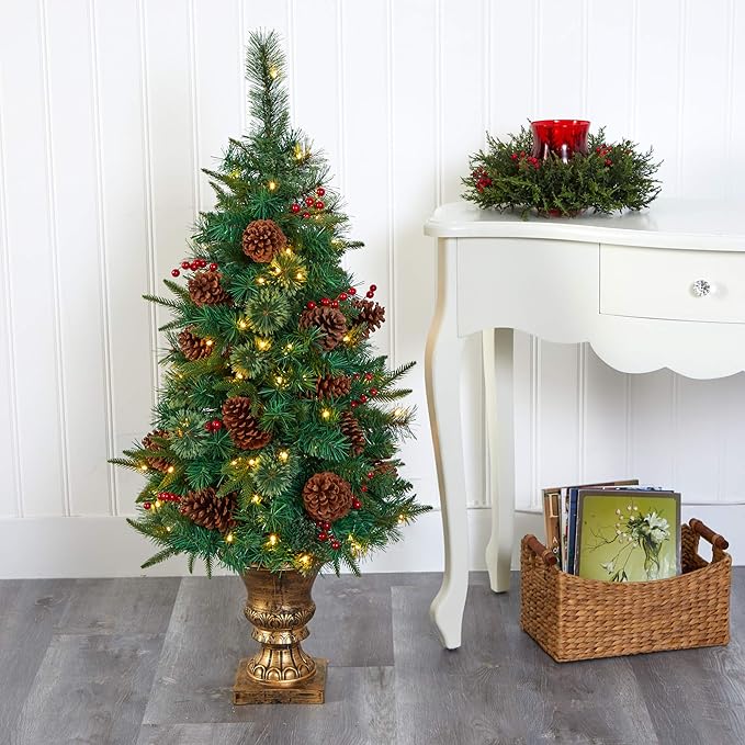 Nearly Natural 4ft. Pine, Pinecone and Berries Artificial Christmas Tree in Decorative Urn